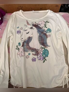 Beautees White Long Sleeve Unicorn Sequin Top with Pastel Flowers